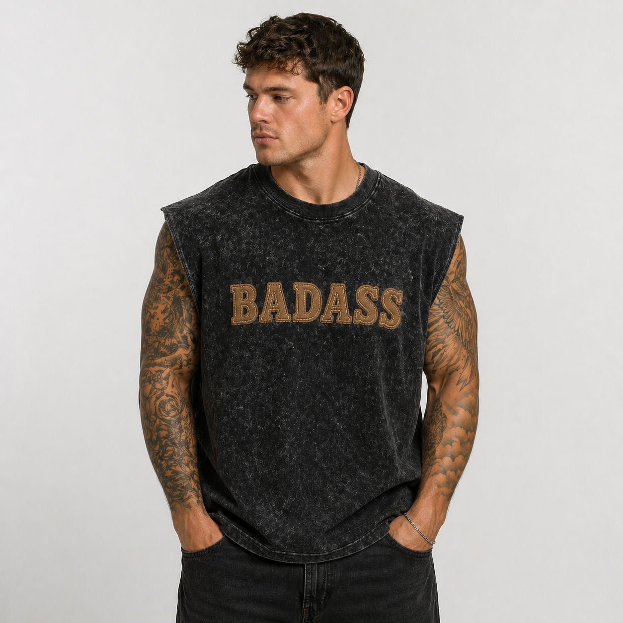 Oversized Tank- Acid Wash Badass Print.