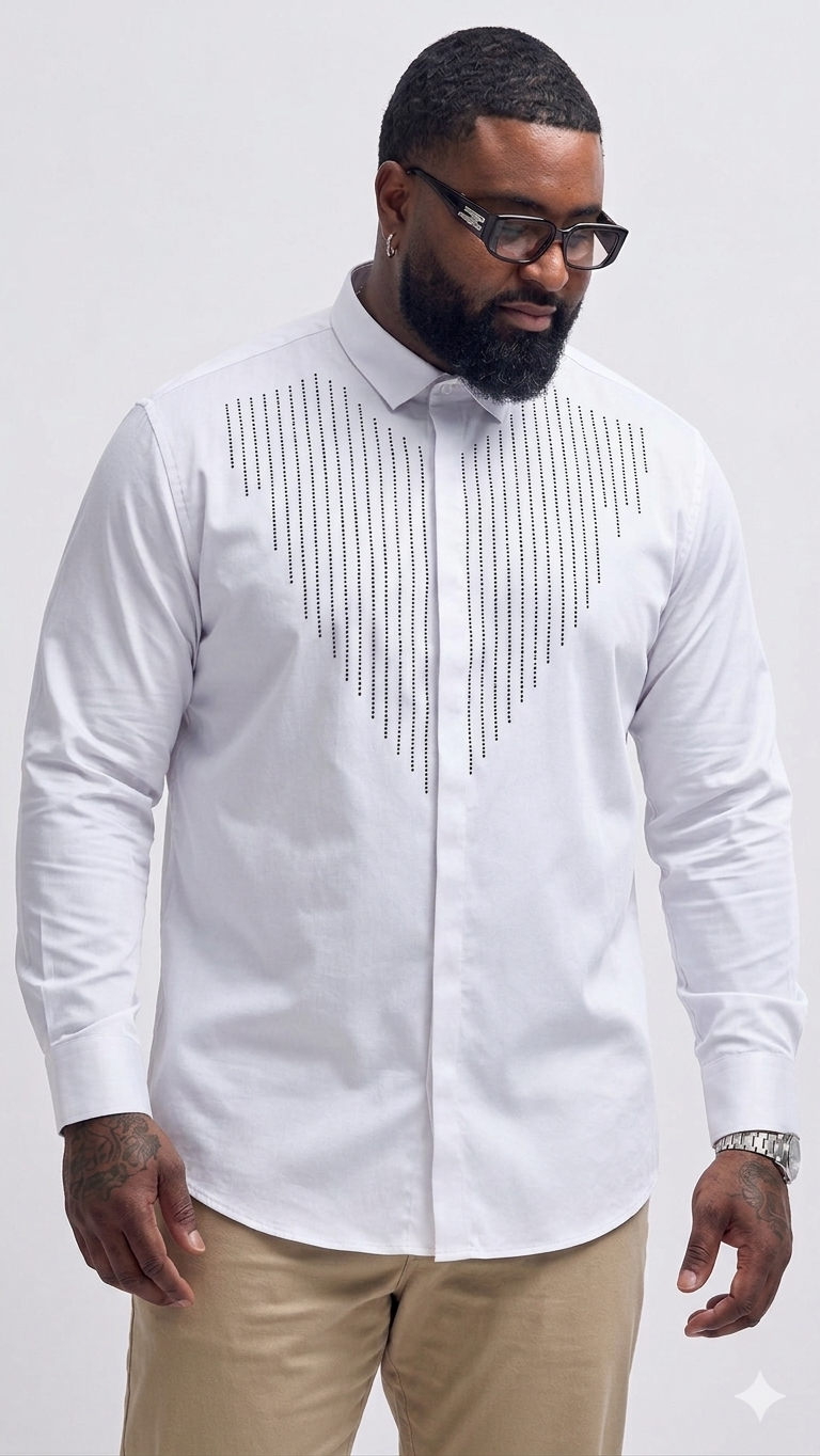 (3XL–5XL)✨ Satin Stone White Designer Full Sleeve Shirt