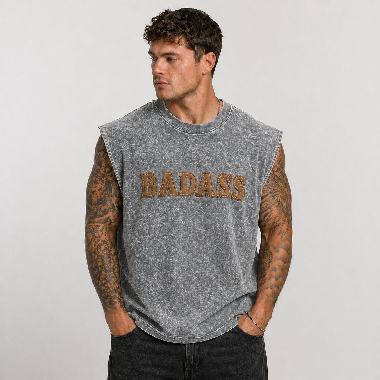 Oversized Tank- Acid Wash Badass Print.