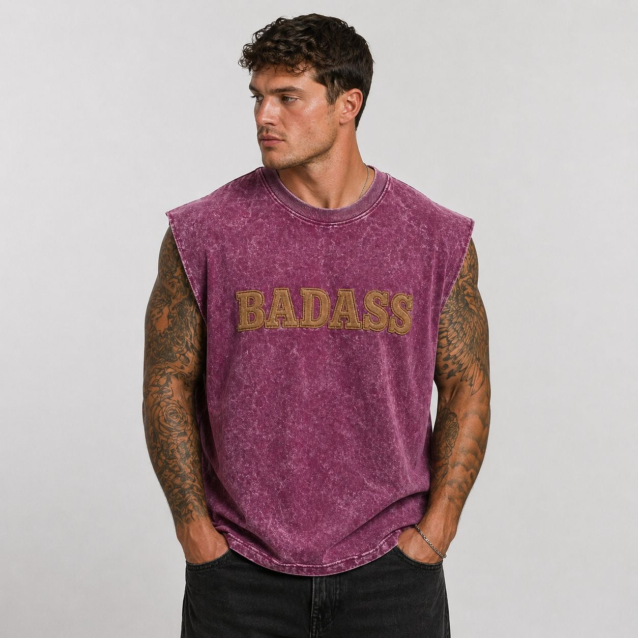 Oversized Tank- Acid Wash Badass Print.