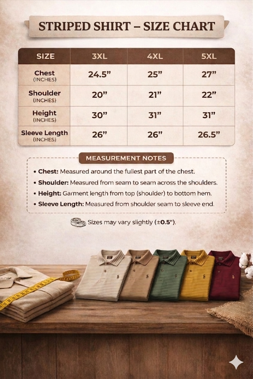 Striped shirt size chart with measurements and a display of shirts on a wooden surface.
