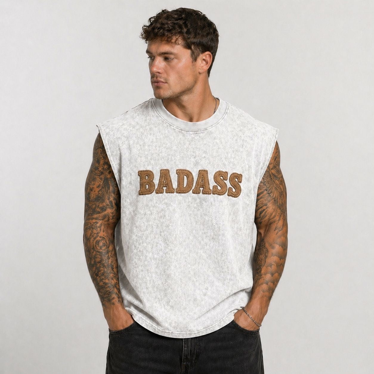 Oversized Tank- Acid Wash Badass Print.