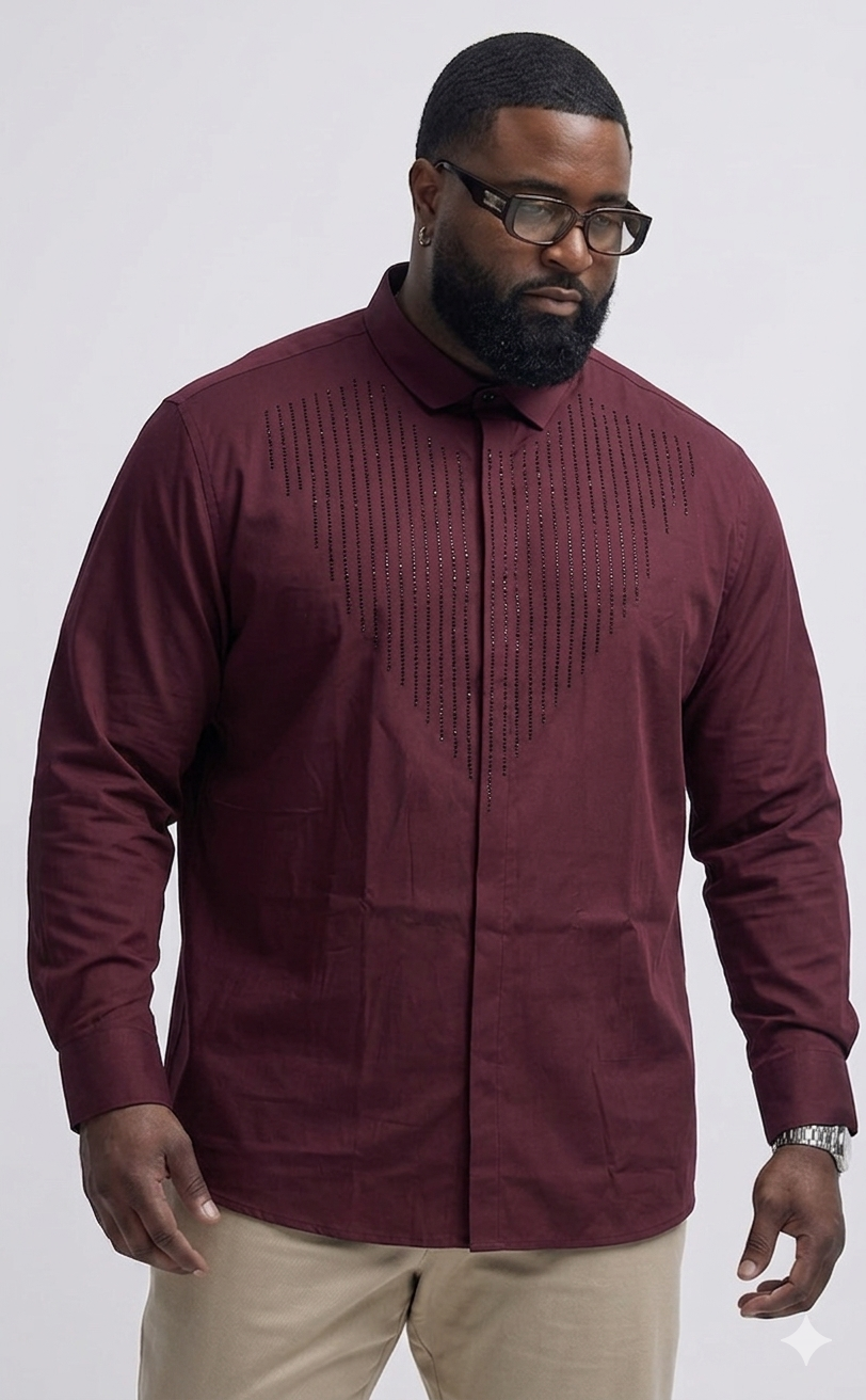 (3XL–5XL)✨ Satin Stone Maroon Designer Shirt
