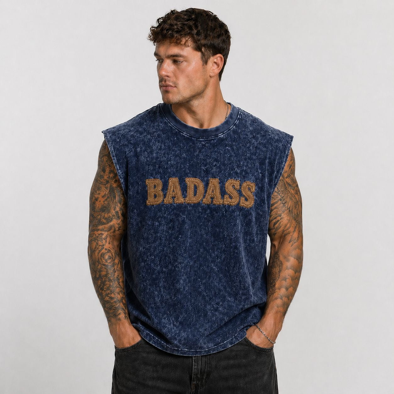 Oversized Tank- Acid Wash Badass Print.