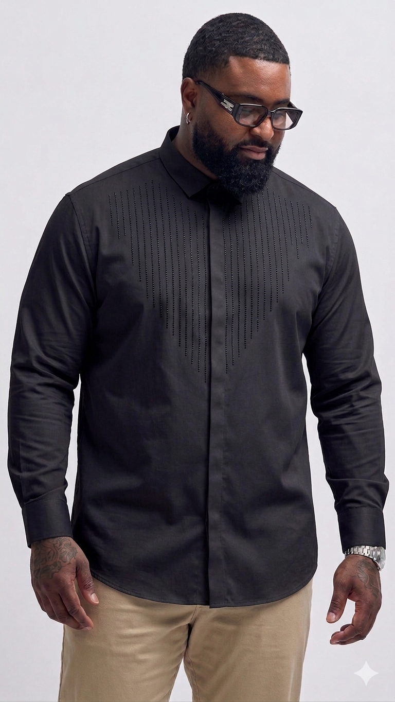 (3XL–5XL)✨ Satin Stone Black Designer Shirt